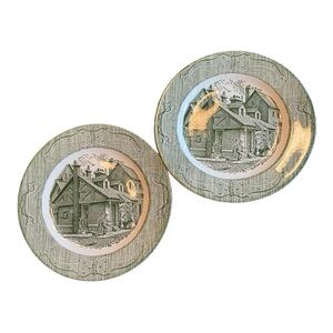 Vintage Royal China USA The Old Curiosity Shop Green Dinner Plates 10” Pair